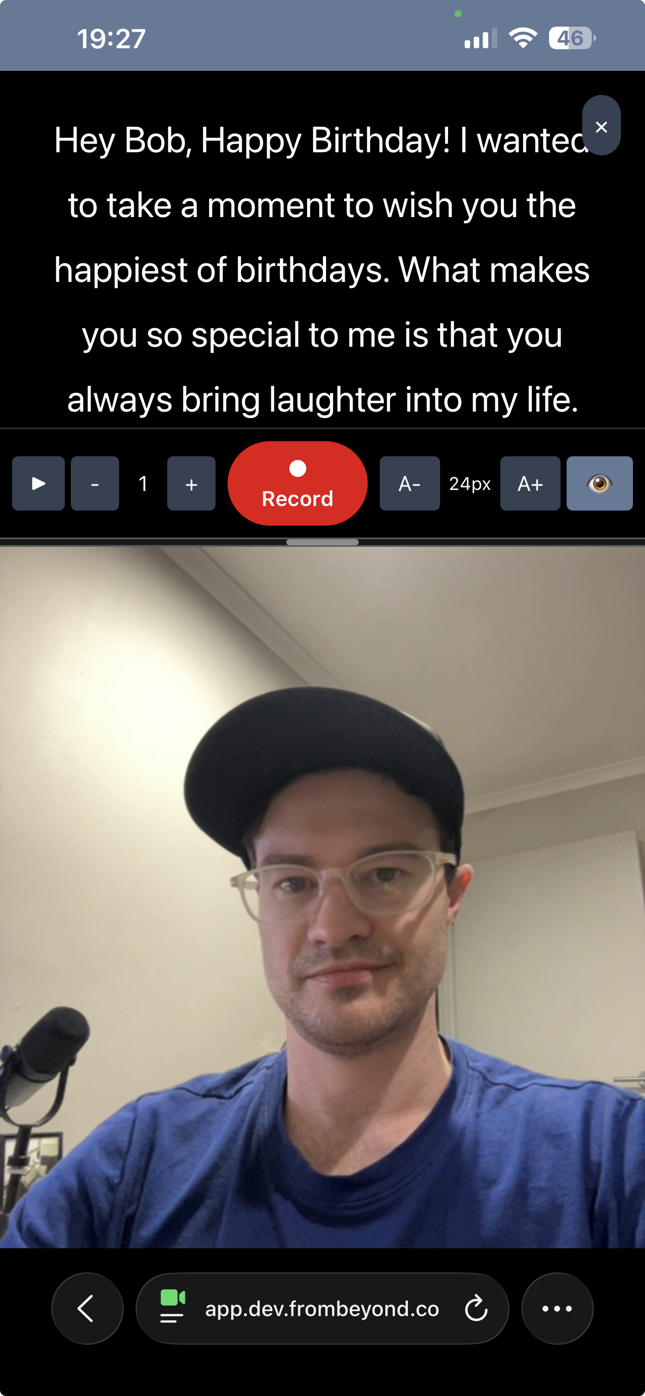 FromBeyond app showing the teleprompter and recording screen