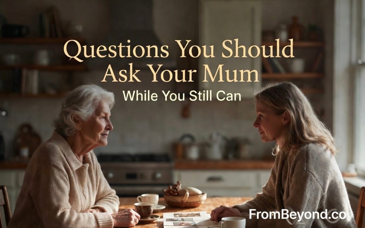 A mother and daughter sitting at a kitchen table, sharing a quiet moment together