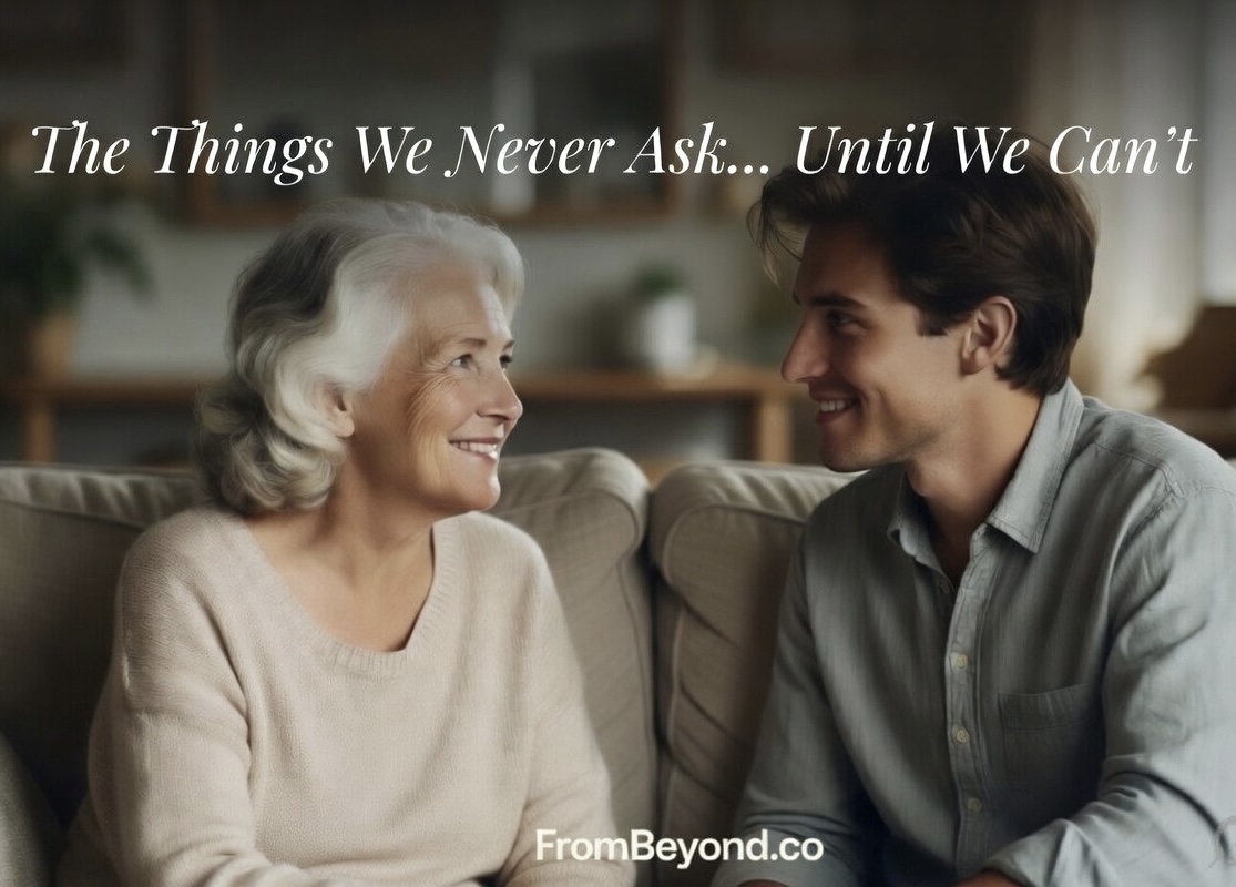 A young man and older woman having a heartfelt conversation on a sofa